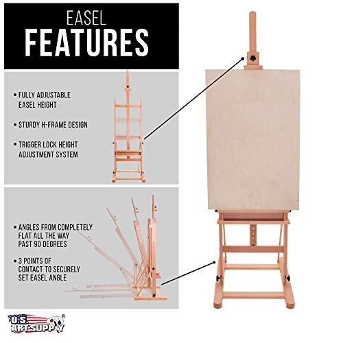 U.S. Art Supply Medium Wooden H-Frame Studio Easel with Artist Storage Tray - Mast Adjustable to 96" High, Holds Canvas to 48" - Sturdy Beechwood US Art Supply
