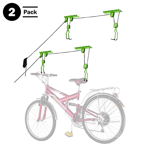 Bike Hanger Set - Set of 2 Overhead Pulley System Bike Hangers for Garage or Shed with 100lb Capacity for Bicycles or Ladders by Rad Sportz (Green) Bike Lane