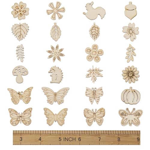 Elecrelive 300pcs Assorted Unfinished Wooden Cutouts Flower Leaf Butterfly Small Blank Wood Slice Pieces Ornaments Hanging Embellishments for DIY Art