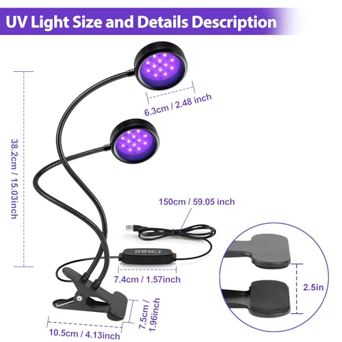 inShareplus Dimmable 395nm~405nm UV Resin Light with USB,10W Portable UV Dual Black Clamp Lights, Gooseneck Curing Lamp with Clip for UV Glue Resin inShareplus