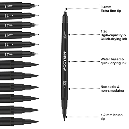 Mogyann Drawing Pens, 12 Pack Dual Brush Pens Black Markers for Art Drawing Sketching Mogyann