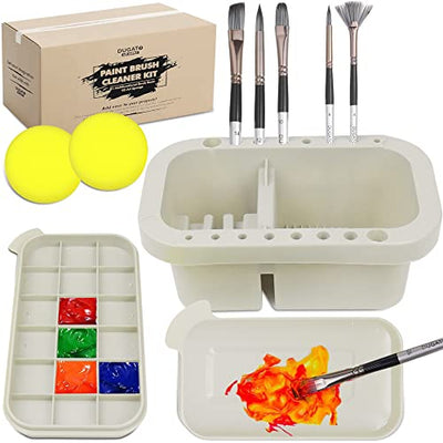 DUGATO Paint Brush Cleaner Washer, Multifunction Painting Brush Basin Holder and Organizer width Tray Palette Lid & 2 Art Sponges for Acrylic,