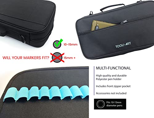 TOOLI-ART Marker & Pen Carrying Case -120 Slots, Canvas, Extra Pockets, Trolley Sleeve, Removable Shoulder Strap, For Most Markers (up to 15mm TOOLI-ART