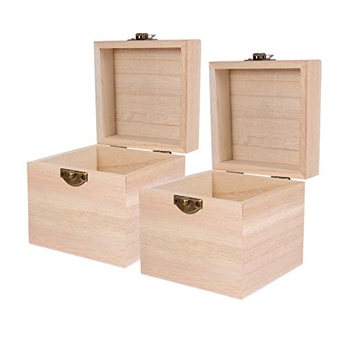 Cabilock Packing Boxes 2pcs Unfinished Square Wood Box DIY Craft Wooden Box Jewelry Ring Box Unpainted Storage Box with Hinged Lid Front Clasp for Cabilock