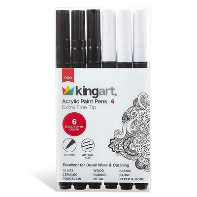 KINGART 453-6A PRO Black & White 6 Ct.(3 ea.) Extra Fine Paint Pens, 0.7mm Tip, Low-Odor Water-Based Quick Dry Acrylic Paint Markers for Rock, Wood,