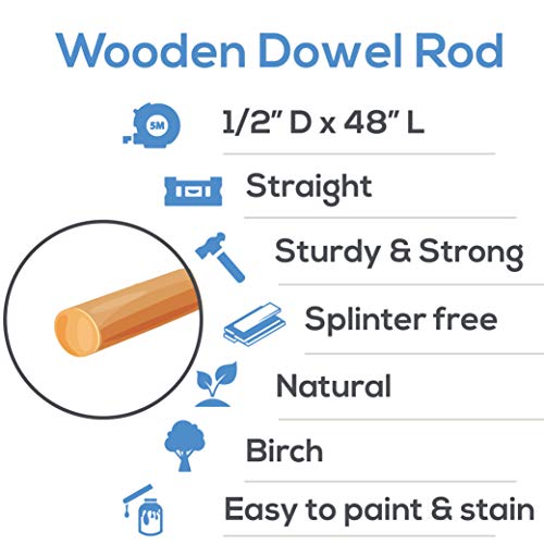 Dowel Rods Wood Sticks Wooden Dowel Rods - 1/2 x 48 Inch Unfinished Hardwood Sticks - for Crafts and DIYers - 5 Pieces by Woodpeckers Woodpeckers