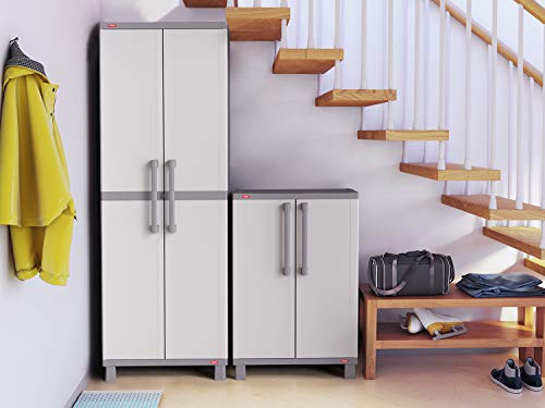 Keter Storage Cabinet with Doors and Shelves for Tool, Home Organization,Large, White & Grey Keter