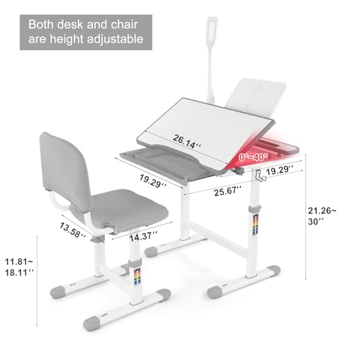 Artist hand Kids Study Desk and Chair Set Height Adjustable Children School Girl Table Large Writing Board Desk with LED Lamp Pull Out Drawer Pencil Artist hand