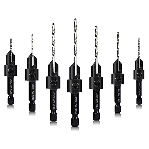 Countersink Drill Bit Set, 7-Piece Woodworking M2 Counterbore Taper Bits for #4, 6, 8, 10, 12, 14 Screws, 82-Degree Chamfer, ¼” Hex Shank, 2 Allen - WoodArtSupply