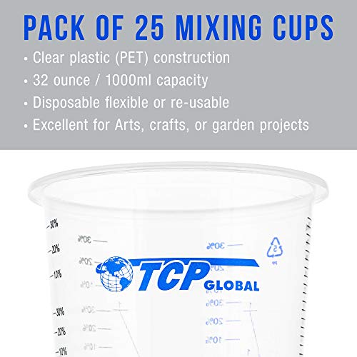 TCP Global 32 Ounce (1000ml) Disposable Flexible Clear Graduated Plastic Mixing Cups - Box of 25 Cups - Use for Paint, Resin, Epoxy, Art, Kitchen, TCP Global