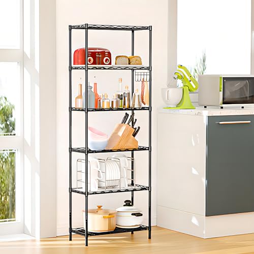 Homdox 6-Tier Storage Shelf Wire Shelving Unit Free Standing Rack Organization Adjustable Leveling Feet, Stainless Side Hooks, Black Homdox