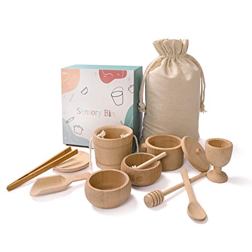 MONT PLEASANT Montessori Toys Sensory Bin Toys for 1 Year Old Toddlers, 11pcs Wooden Waldorf Toys Wooden Scoops and Tongs for Transfer Work and Fine MONT PLEASANT
