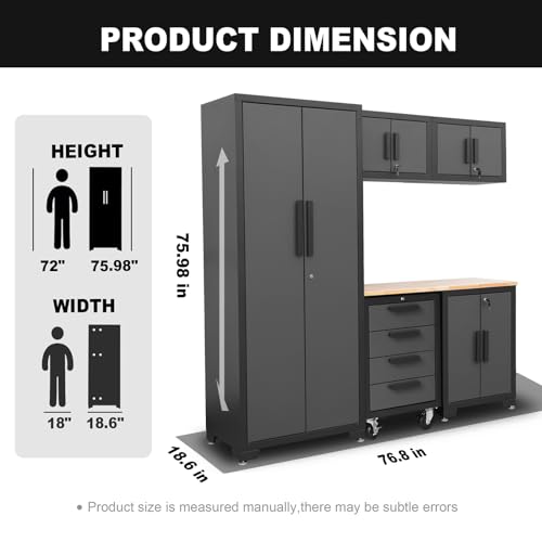 Torin AGP0112B Garage Cabinet Storage System with Lockers,Shelves and Wood Workbench, 76.8" L×18.5" W×75.79" H, Black/Grey Torin