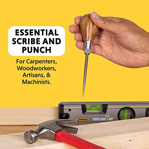 General Tools Scratch Awl Tool with Hardwood Handle - Scribe, Layout Work, & Piercing Wood - Alloy Steel Blade General Tools