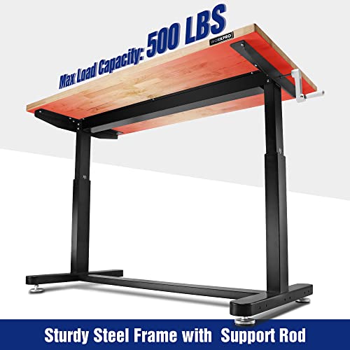 WORKPRO 60” Height Adjustable Work Table with Crank Handle and Casters, 60” x 24” Wooden Top Standing Desk Workbench, Heights from 29”-38”, 500 Lbs WORKPRO