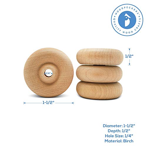 Woodpeckers- Classic Wooden Craft Toy Wheels 1.5" X 1/2" Axle Hole 24 Pack Woodpeckers