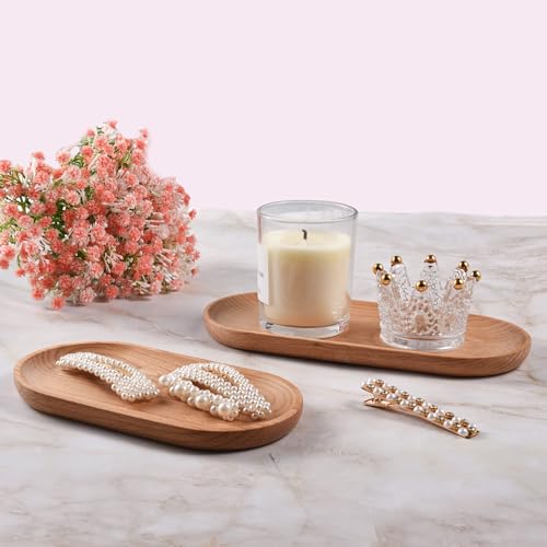 Eiyye Mini Serving Tray Small Wooden Plate Oval Wood Tray, Set of 2 Wooden Snack Tray Dessert Tableware Decorative Tray for Jewellery Key Coin Eiyye