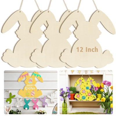 Large Size 12" Wooden Easter Ornaments to Paint, Wooden DIY Blank Unfinished Round Wood Discs Ornament Happy Easter Bunny Door Sign Easter Door