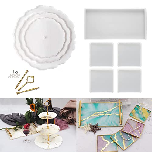 RESINWORLD Resin Tray Mold, 1Pc Thick Rectangle Tray Mold with 4 Pack Square Coaster Molds + 3 Tier Resin Mold, Cake Stand Molds for Resin ResinWorld