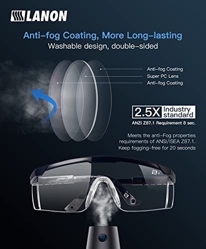 LANON Anti-Fog Safety Goggles with Ajustable Temples, 2.5 Times ANSI Z87.1 Double-sided Antifog, Side Protection, High Transmission, Lightweight & LANON Protection