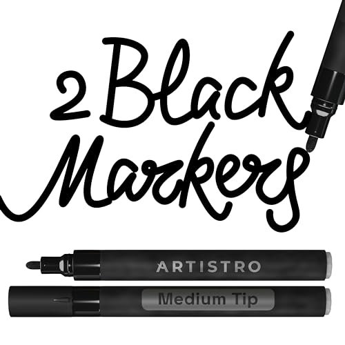 ARTISTRO 2 Black Acrylic Paint Pens for Rock Painting Ceramic Wood Glass Metal Plastic - 3mm Medium Tip Paint Markers Ideal for Labeling DIY Crafts ARTISTRO