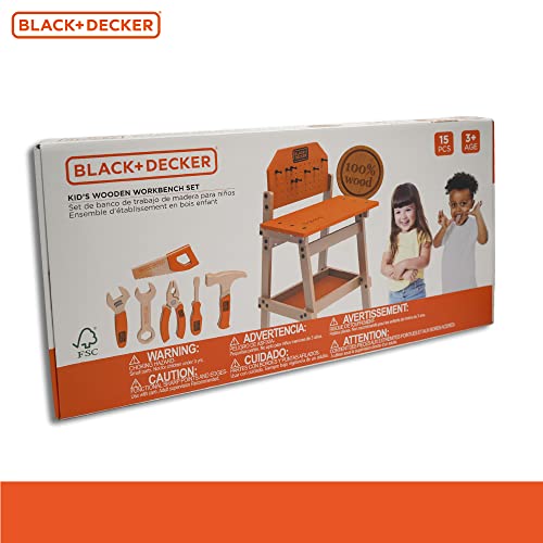 Black & Decker Kids Workbench and six Piece Wooden Tool Set for Girls and Boys, Pretend Play Construction Tools Black & Decker