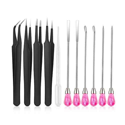 11 Pcs Silicone Resin Mold Tools Set, Tweezers Jewelry Making Kit, Stirring Needle Spoon Tool, Anti-Static Stainless Steel ESD Tweezers Precision Set Moocci