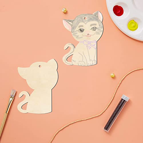 Cat Shape Wooden Blank Wood with Twines Art Unfinished Ornaments for Christmas Wedding Birthday Party Christmas Thanksgiving Day Decoration 20Pcs Zontween