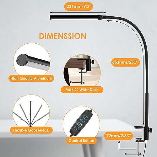 ShineTech LED Desk Lamp for Home Office, Eye-Caring Desk Light with Clamp, 3 Colors Stepless Brightness Adjustable Flexible Gooseneck, USB Adapter ShineTech
