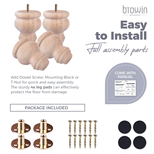 3 inch Mini Unfinished Wooden Bun Feet, Btowin 4Pcs Solid Wood Furniture Legs with Threaded 5/16'' Hanger Bolts & Mounting Plate & Screws for Sofa Btowin