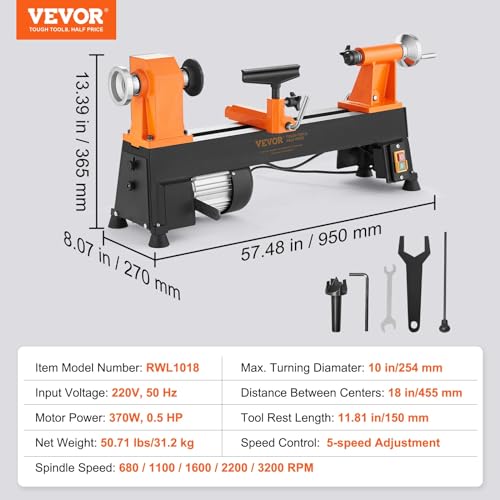 VEVOR Benchtop Wood Lathe, 10 in x 18 in, 0.5 HP 370W Power Wood Turning Lathe Machine, 5 Variable Speeds 780/1320/1920/2640/3840 RPM with Rod VEVOR