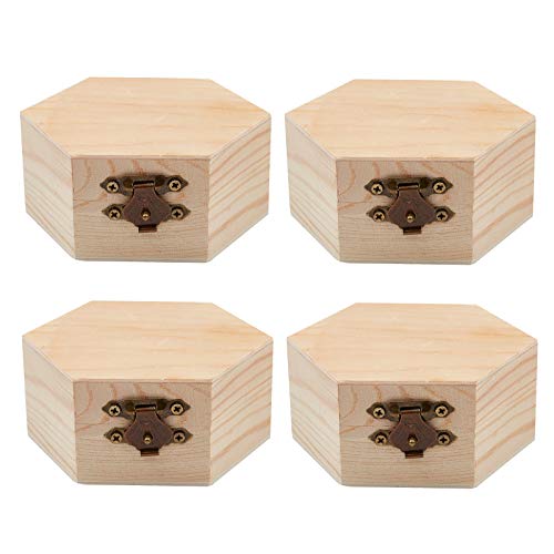 GORGECRAFT 4PCS Unfinished Wood Box Hexagon Wooden Storage Box with Hinged Lid and Front Clasp for DIY Easter Arts Hobbies Jewelry Box, 3.6 x 3.4 GORGECRAFT