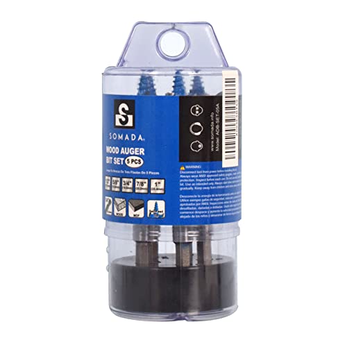 SOMADA Auger Drill Bit Set for Wood, 5-Piece, 1/2", 5/8", 3/4", 7/8" and 1" Inch Size, 4-Inch Long with Storage Case, Impact Wood Auger Set with SOMADA