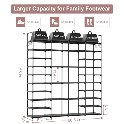 Kottwca 4 Row 10 Tier Large Shoe Rack Organizer for Closet Entryway, 72-80 Pair Shoe Boot Storage Rack, Metal Shoe Shelf Big Vertical Stackable Shoe Kottwca