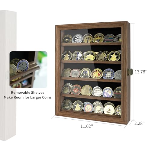 DecoWoodo Military Challenge Coin Display Case with HD Glass Door- 5 Rows Medal Display Case Cabinet Rack Shadow Box with Removable 2 Grooves Shelves DecoWoodo