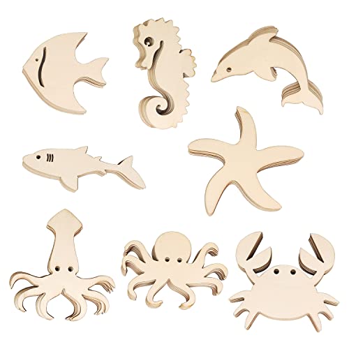 40 Pack Wood Ocean Sea Animal Cutouts Unfinished Wooden Sea Animals Paint Crafts Wooden Ocean Sea Animal Hanging Ornaments DIY Sea Animal Craft Gift