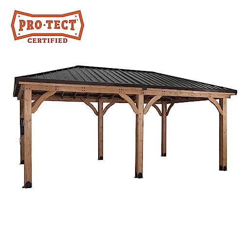 Backyard Discovery Barrington 20 ft. x 12 ft. All Cedar Wood Carport Pavilion Gazebo, Shade, Rain, Hard Top Steel Metal Roof, All Weather Protected, Backyard Discovery
