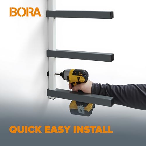 BORA Wood Organizer and Lumber Storage Metal Rack with 4-level Wall Mount - Indoor and Outdoor Use, White & Gray - PBR-0420 Bora