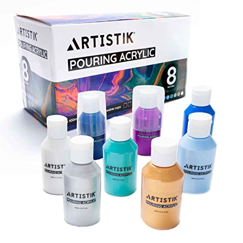 Acrylic Pouring Paint, Set of 8 x 100 ml Bottles - Pre-Mixed High Flow - Ready to Pour Paint Color Set w/ 2 Mixing Cups - Art Paints for Pouring on ARTISTIK