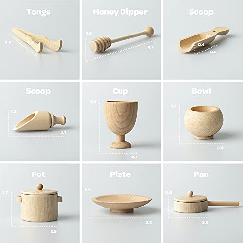 BLUE GINKGO Sensory Bin Tools - Montessori Fine Motor Skills Learning Waldorf Toys for Toddlers and Kids Pretend Play - 9 Piece Kitchen Wooden Set - BLUE GINKGO