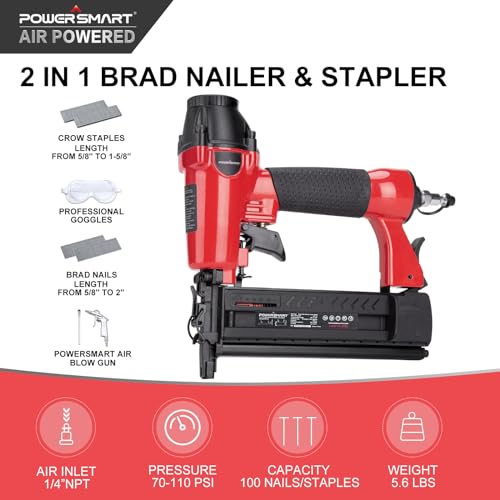 PowerSmart Pneumatic Brad Nailer, 2 in 1 Nail Gun and Crown Stapler with Safety Goggles, Compatible with 5/8” up to 2” Nails, 18 Gauge Brad Gun for PowerSmart