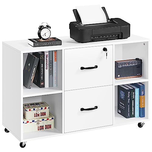 Yaheetech White File Cabinet Mobile Letter Size File Cabinet with 2 Drawers and 4 Open Storage Shelves Large Mobile Lateral Filing Cabinet Printer Yaheetech