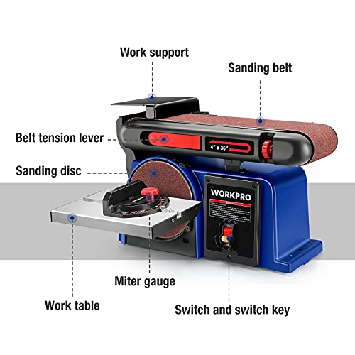 WORKPRO Belt Disc Sander, 4 in. x 36 in. Belt & 6 in. Disc Sander with 6pcs Sandpapers, Cast Iron Base for Sanding Woodworking, DIY Decoration WORKPRO