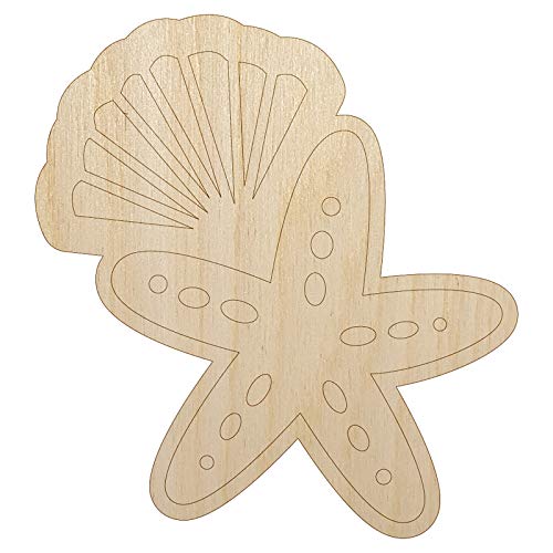 Starfish and Shell Beach Tropical Doodle Unfinished Wood Shape Piece Cutout for DIY Craft Projects - 1/8 Inch Thick - 4.70 Inch Size Sniggle Sloth