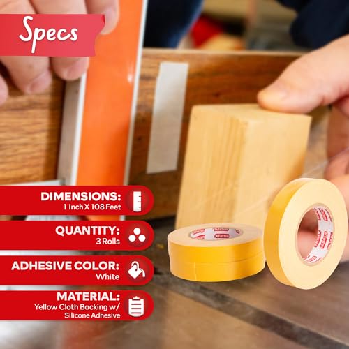 XFasten Double Sided Woodworking Tape, 1-Inch by 36-Yards, 3-Pack - Double Face Woodworker Turner's Tape for Wood Template, Removable & Residue Free XFasten