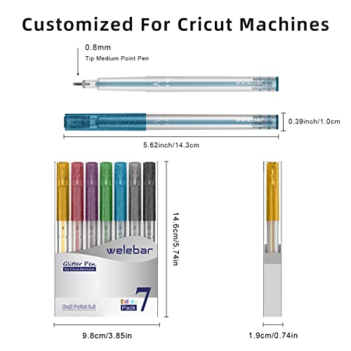Welebar Glitter Gel Pen Set for Cricut Maker 3/Maker/Explore 3/Air 2/Air, 0.8 Tip Glitter Pen Set of 7 Pack Medium Point Pen, Writing, Drawing, Welebar