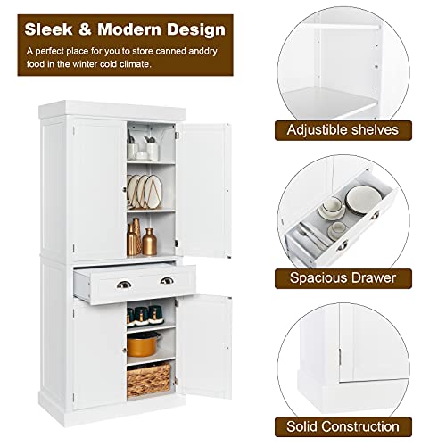 VINGLI 72-Inch White Storage Cabinets with Drawers, Freestanding Pantry Cabinets with Doors and Shelves Adjustable, Wood Farmhouse Kitchen Pantry VINGLI