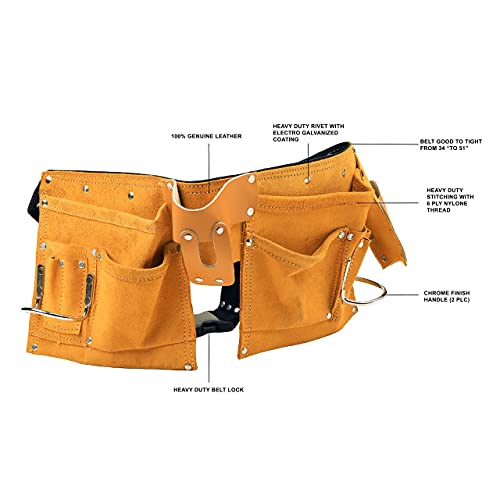 Virtionz 11 POCKET LEATHER TOOL BELT for Carpenter, Construction Pouch, Framers, Handyman, Electrician, Brown color, belts adjusts from 33'' up to VIRTIONZ MWIRE