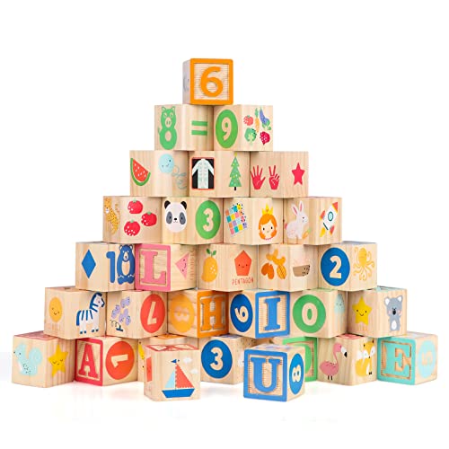 Joqutoys Wooden Building Blocks for Toddlers 1-3, Large Wood Baby Stacking Blocks Set for Kids, 30 PCS Alphabet Blocks with Toy Wagon, Educational Joqutoys