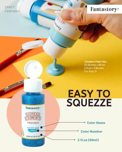 fantastory Tempera Paint for Kids 32 Colors (2 oz Each) Washable Tempera Paint, Kids Poster Paint Sponge Painting, Non-Toxic Kids Paint Finger Paints Fantastory